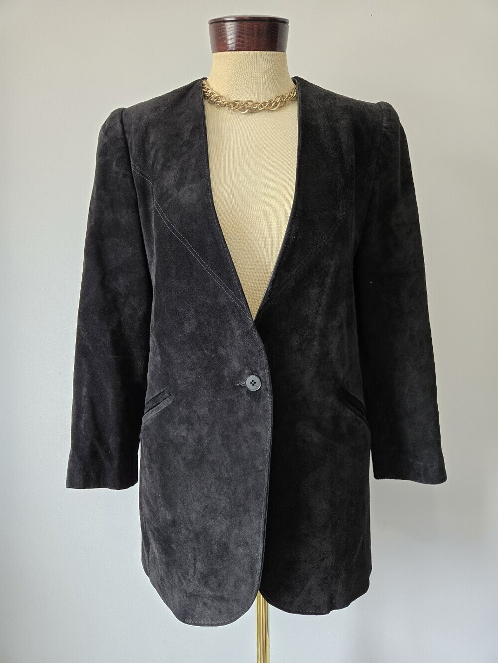 Marquis 100% Suede Leather Vintage Black One Button Jacket. Size 6